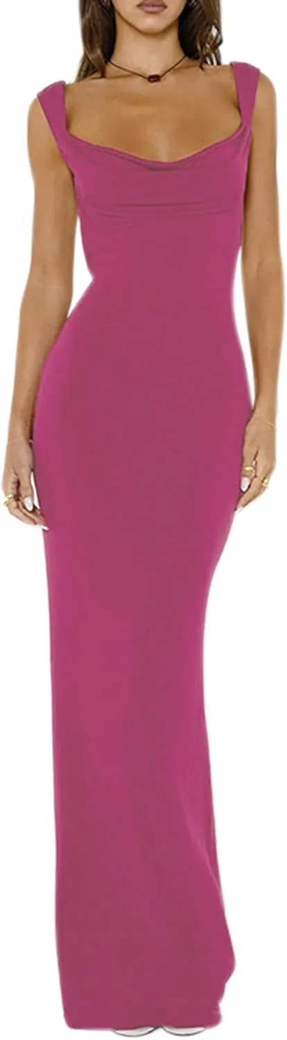 RARITYUS Women's Sexy Cowl Neck Backless Maxi Dress Elegant Satin Bowknot Long Dress Cocktail Party Evening Gown