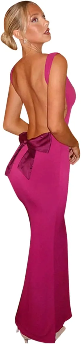 RARITYUS Women's Sexy Cowl Neck Backless Maxi Dress Elegant Satin Bowknot Long Dress Cocktail Party Evening Gown