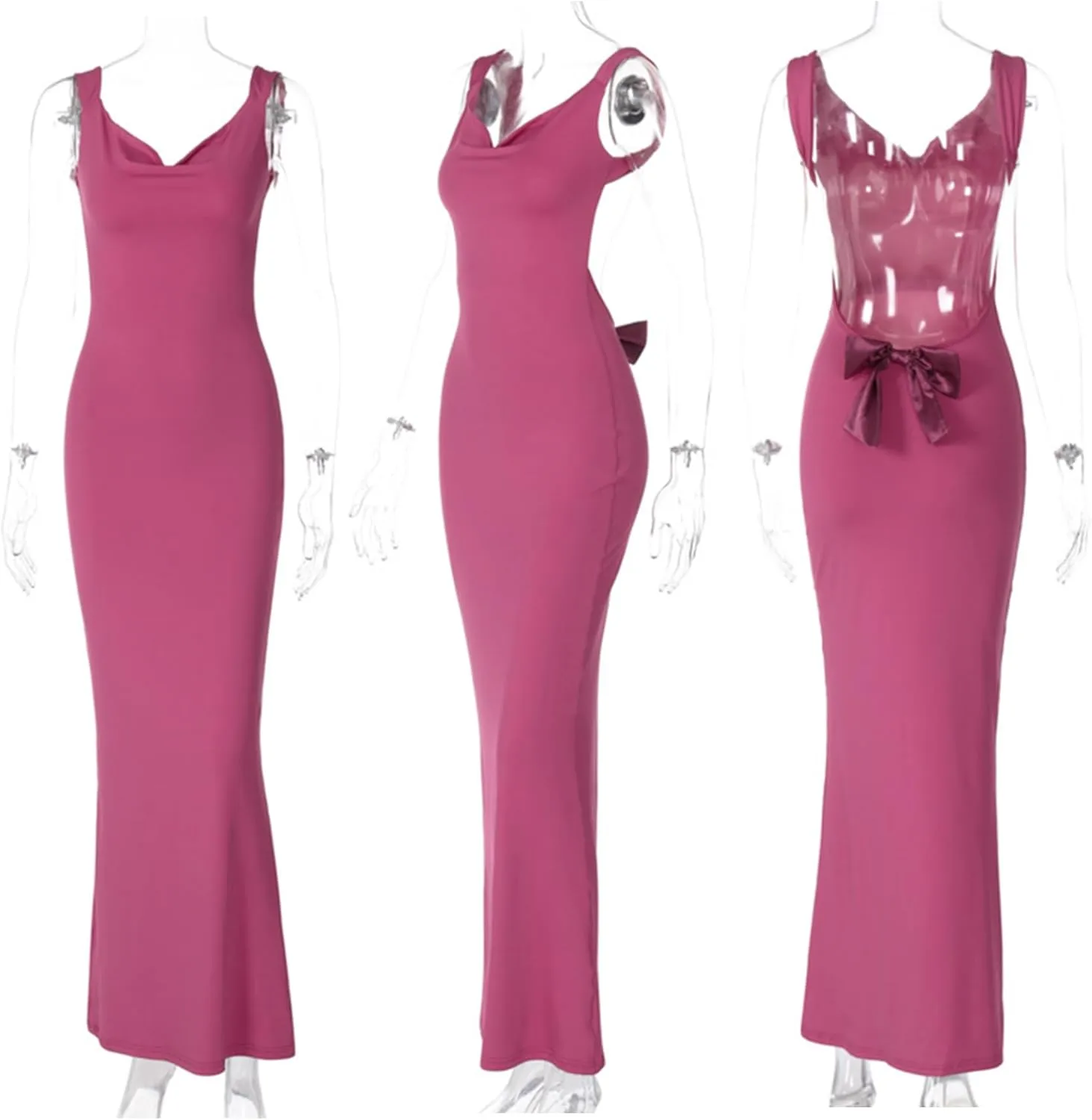 RARITYUS Women's Sexy Cowl Neck Backless Maxi Dress Elegant Satin Bowknot Long Dress Cocktail Party Evening Gown
