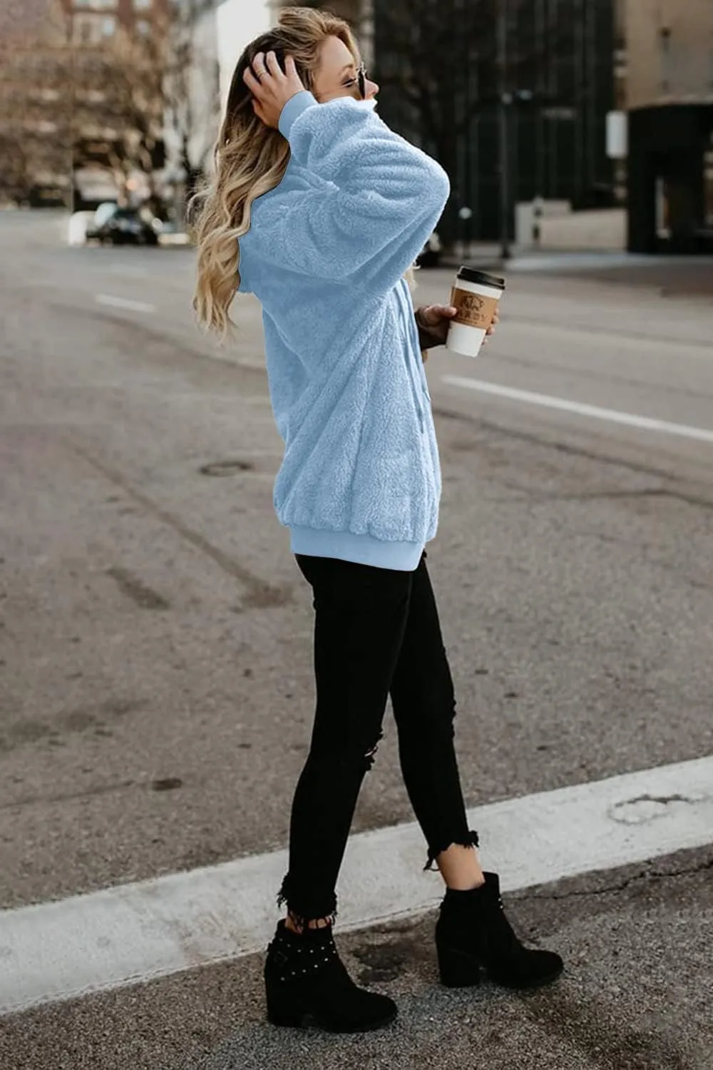 ReachMe Womens Oversized Sherpa Pullover Hoodie with Pockets Fuzzy Fleece Sweatshirt Plaid Fluffy Jacket Coat