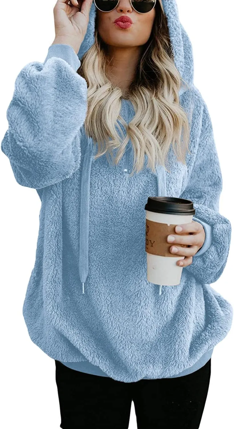 ReachMe Womens Oversized Sherpa Pullover Hoodie with Pockets Fuzzy Fleece Sweatshirt Plaid Fluffy Jacket Coat