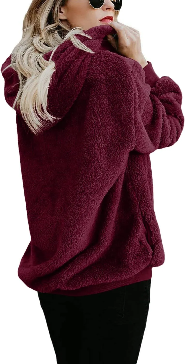 ReachMe Womens Oversized Sherpa Pullover Hoodie with Pockets Fuzzy Fleece Sweatshirt Plaid Fluffy Jacket Coat