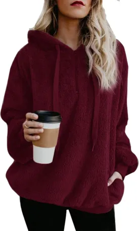 ReachMe Womens Oversized Sherpa Pullover Hoodie with Pockets Fuzzy Fleece Sweatshirt Plaid Fluffy Jacket Coat
