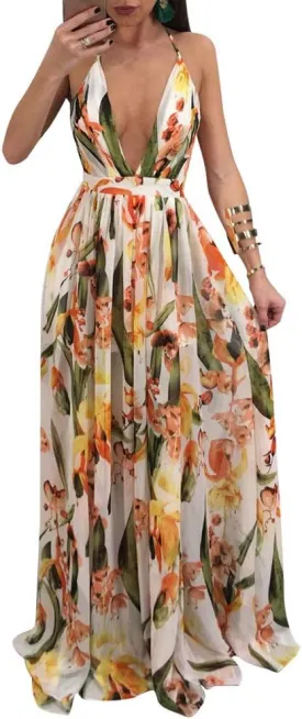 Remelon Womens Sexy Spaghetti Strap Deep V Neck Floral Boho Criss Cross Backless Chiffon Beach Party Long Maxi Dress