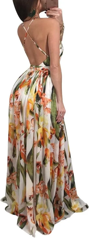 Remelon Womens Sexy Spaghetti Strap Deep V Neck Floral Boho Criss Cross Backless Chiffon Beach Party Long Maxi Dress