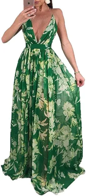 Remelon Womens Sexy Spaghetti Strap Deep V Neck Floral Boho Criss Cross Backless Chiffon Beach Party Long Maxi Dress