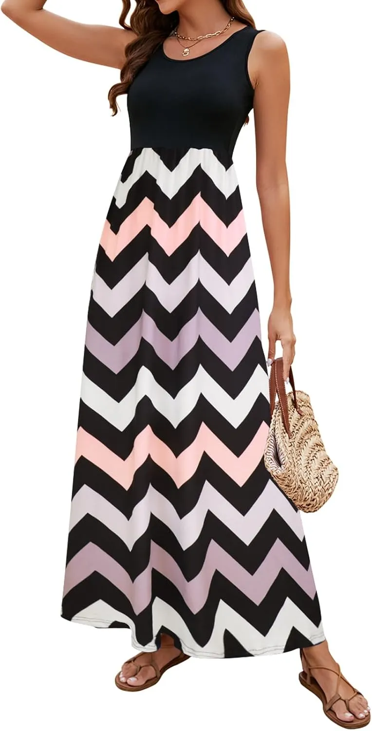 Sherosa Women Boho Chevron Striped Floral Printed Summer Sleeveless Tank Long Maxi Party Dress