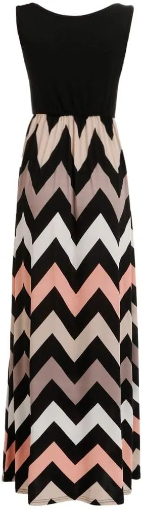 Sherosa Women Boho Chevron Striped Floral Printed Summer Sleeveless Tank Long Maxi Party Dress