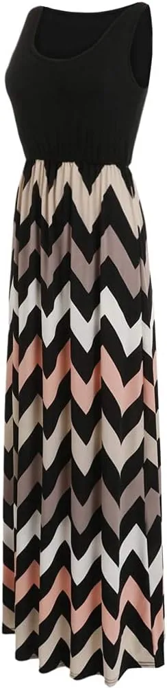 Sherosa Women Boho Chevron Striped Floral Printed Summer Sleeveless Tank Long Maxi Party Dress