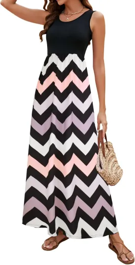 Sherosa Women Boho Chevron Striped Floral Printed Summer Sleeveless Tank Long Maxi Party Dress