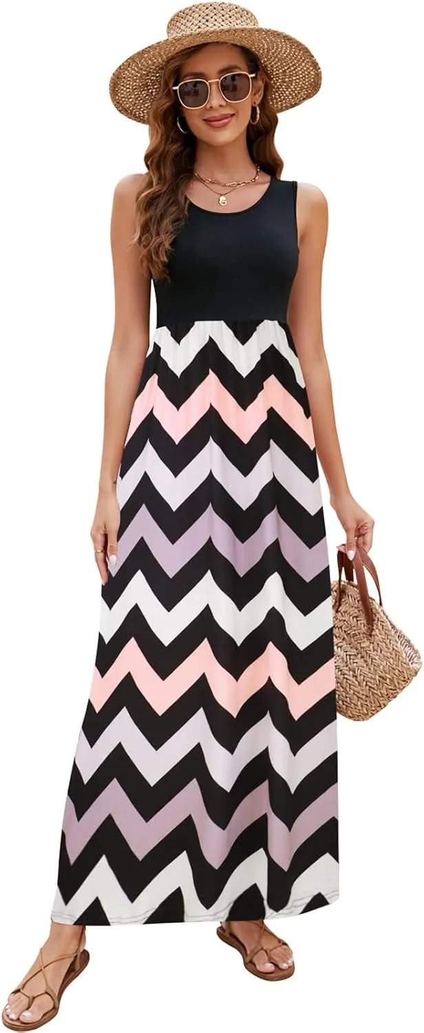 Sherosa Women Boho Chevron Striped Floral Printed Summer Sleeveless Tank Long Maxi Party Dress