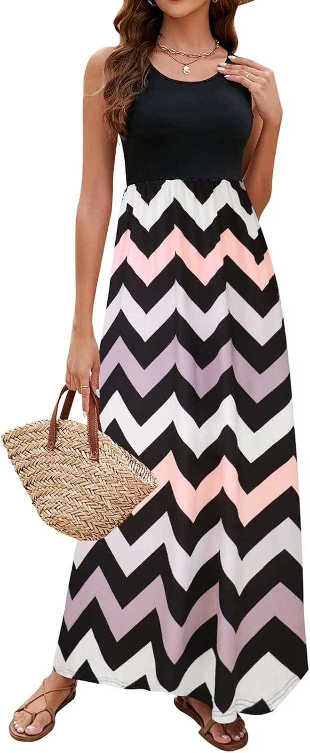 Sherosa Women Boho Chevron Striped Floral Printed Summer Sleeveless Tank Long Maxi Party Dress