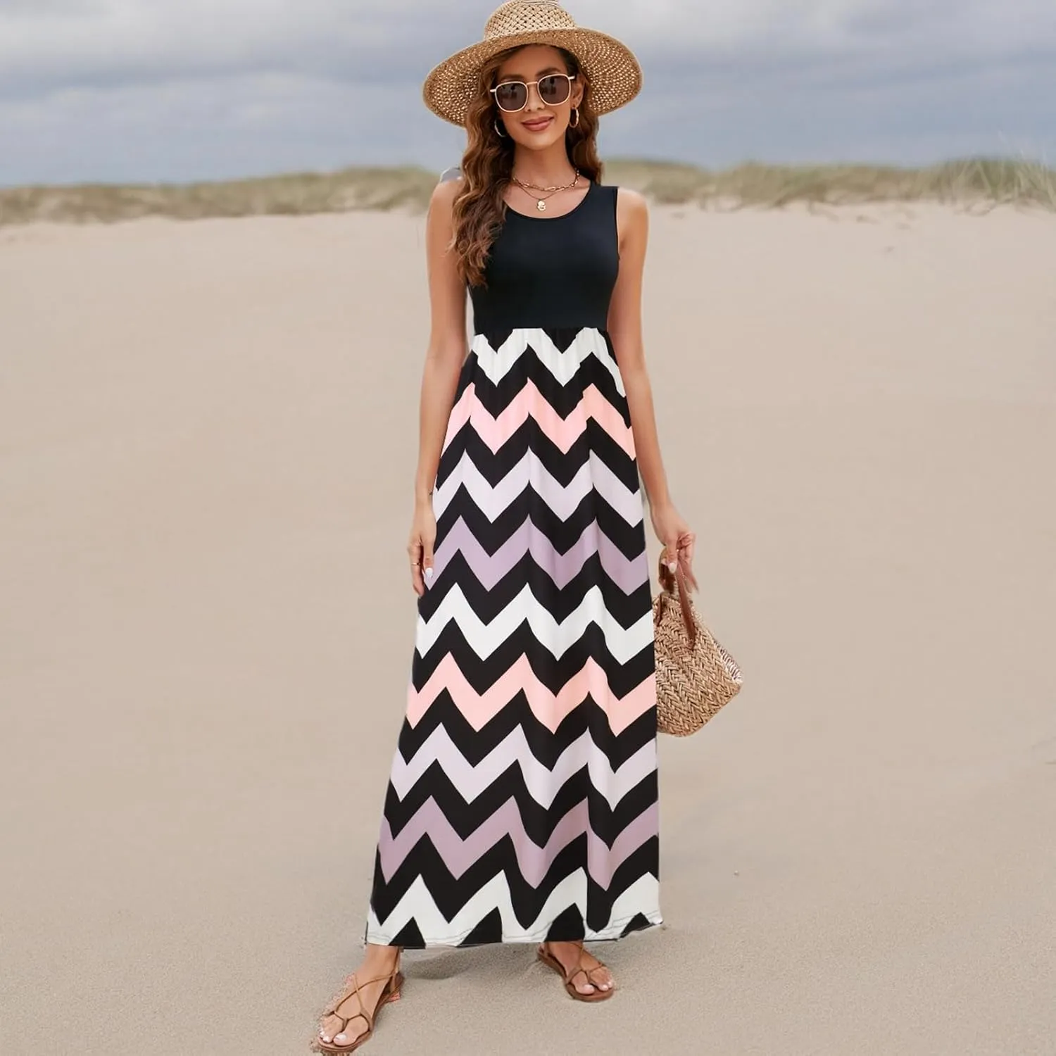 Sherosa Women Boho Chevron Striped Floral Printed Summer Sleeveless Tank Long Maxi Party Dress