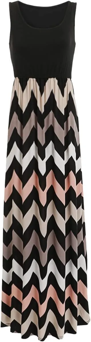 Sherosa Women Boho Chevron Striped Floral Printed Summer Sleeveless Tank Long Maxi Party Dress
