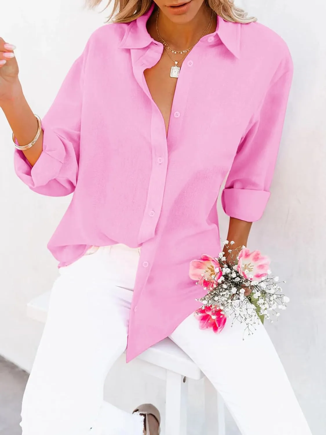 siliteelon Button Down Shirts for Women Dress Shirts Long Sleeve Wrinkle-Free Blouse Casual Solid Office Work Tunic Top