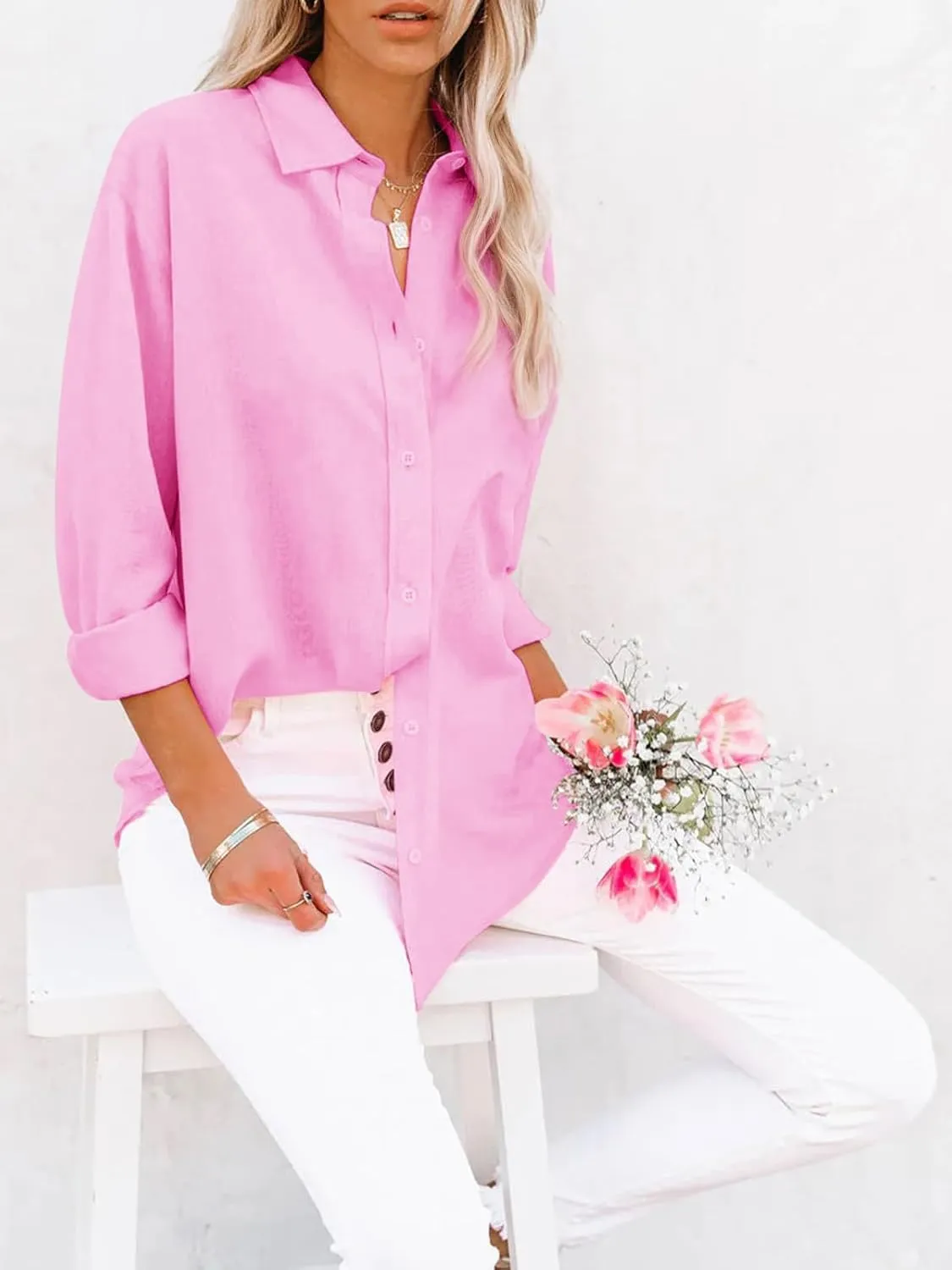 siliteelon Button Down Shirts for Women Dress Shirts Long Sleeve Wrinkle-Free Blouse Casual Solid Office Work Tunic Top