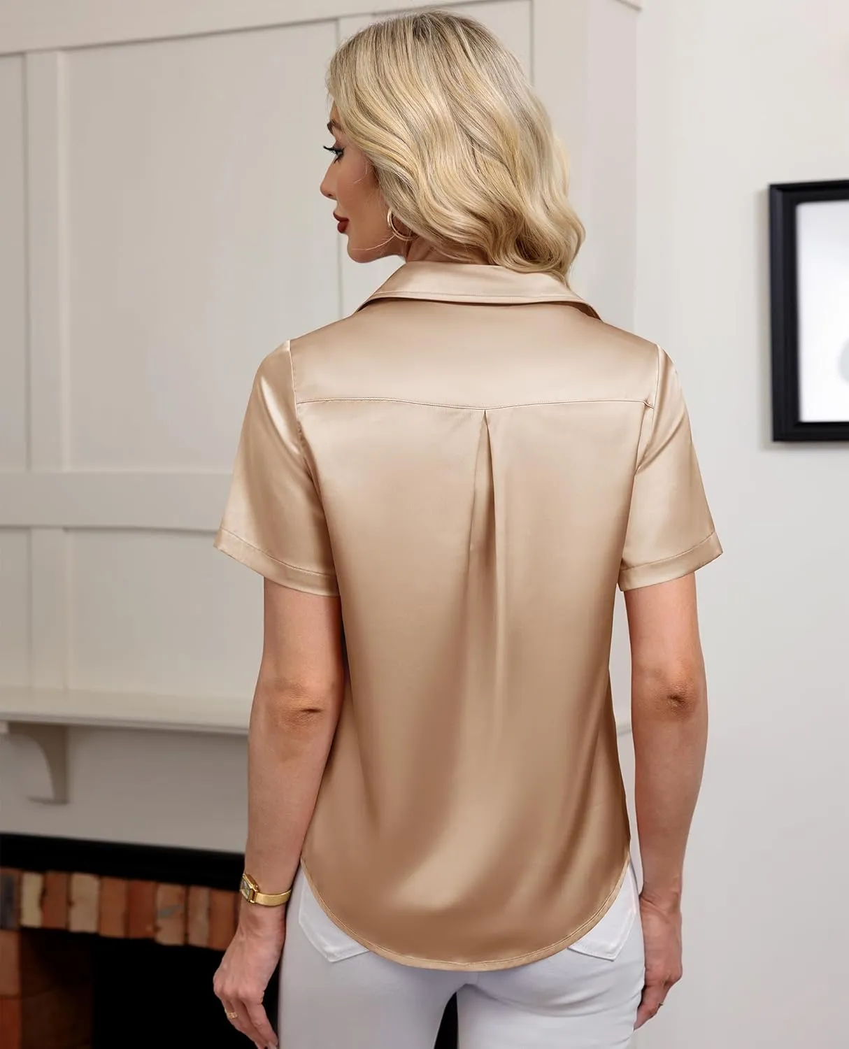 siliteelon Satin Button Down Shirts for Women V Neck Silk Blouse Casual Short Sleeve Shirt Office Work Tunic Top