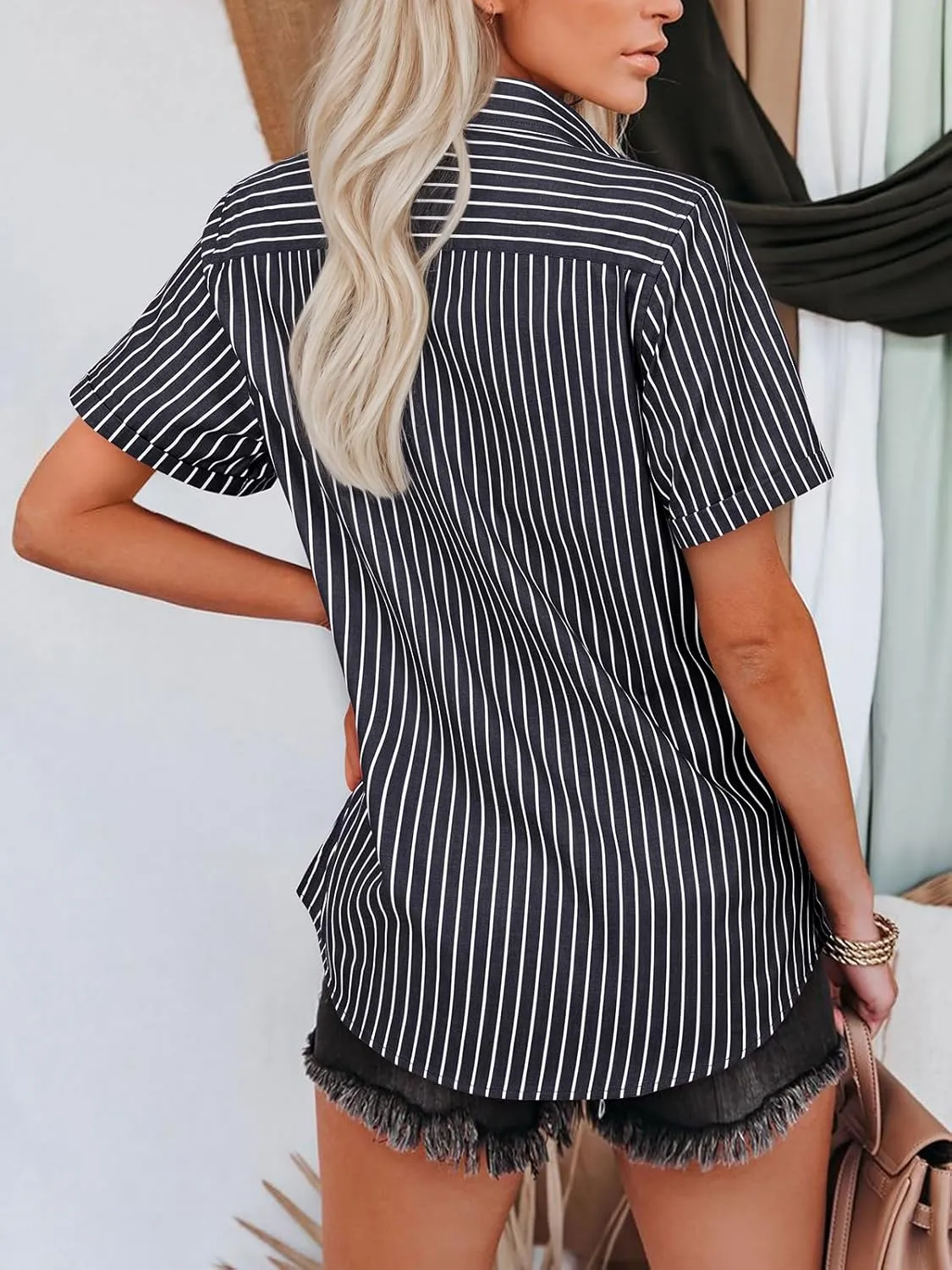 siliteelon Womens Cotton Button Down Shirts Short Sleeve Striped Fitted Dress Shirt Collared Blouse Office Work Top