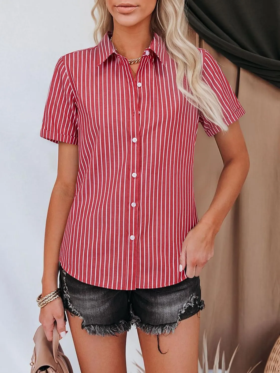 siliteelon Womens Cotton Button Down Shirts Short Sleeve Striped Fitted Dress Shirt Collared Blouse Office Work Top