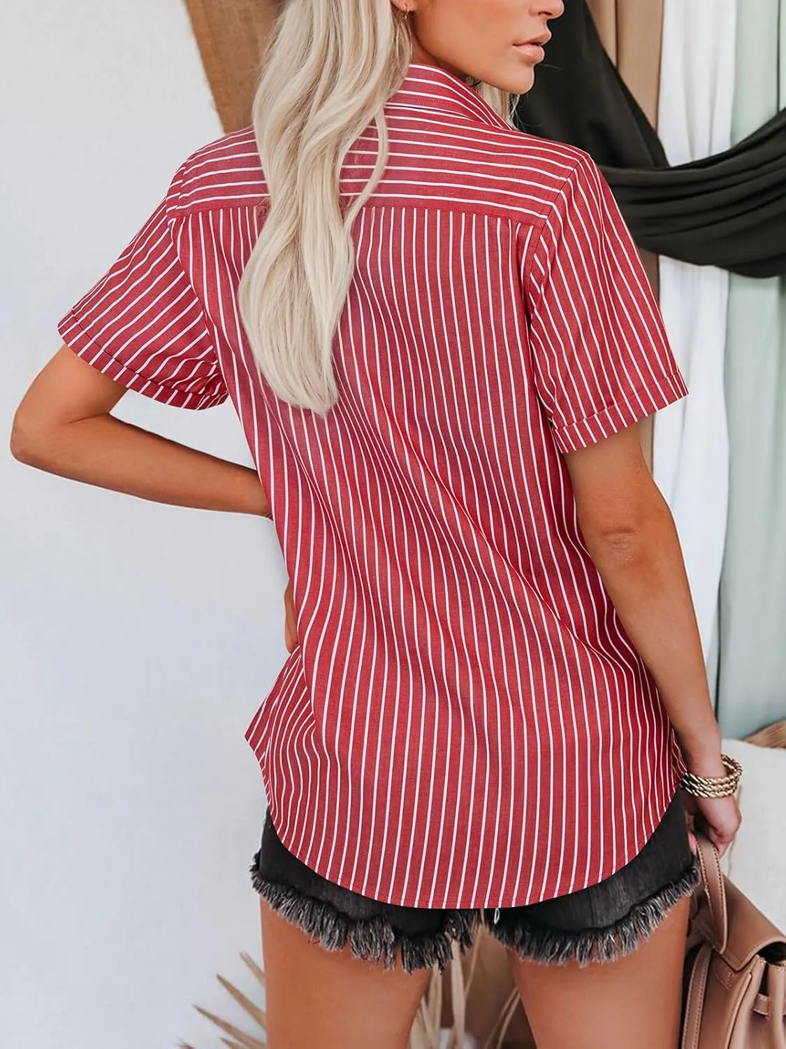 siliteelon Womens Cotton Button Down Shirts Short Sleeve Striped Fitted Dress Shirt Collared Blouse Office Work Top