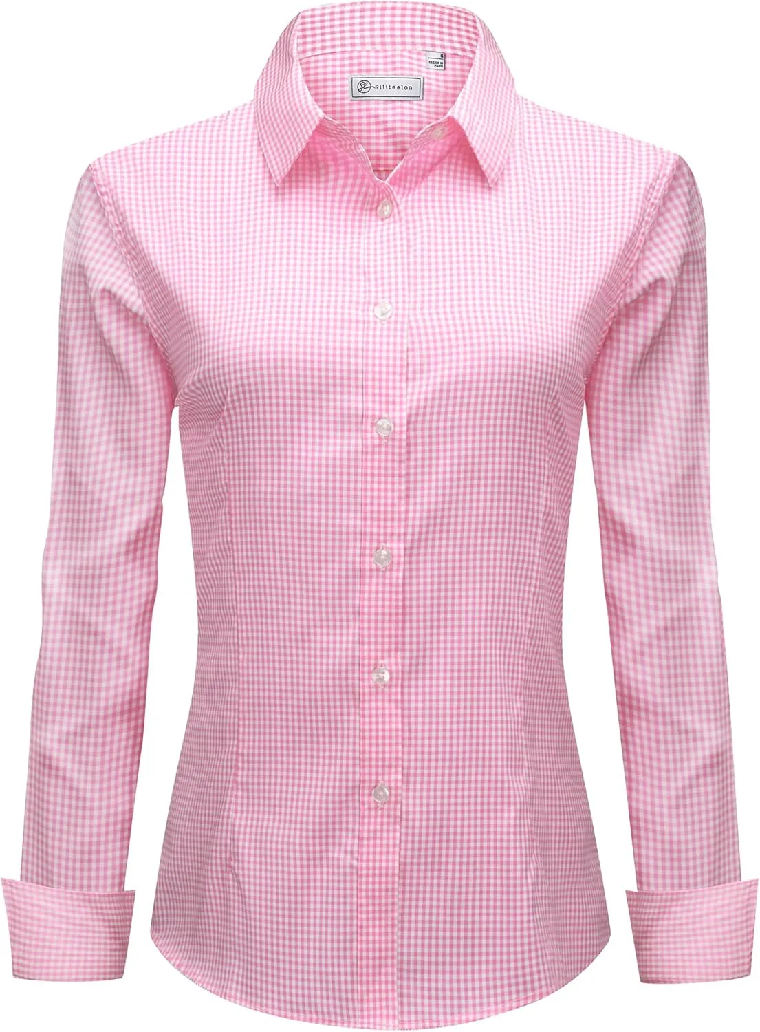 siliteelon Womens Plaid Dress Shirts Long Sleeve Button Down Wrinkle-Free Stretch Solid Casual Work Office Blouse Top