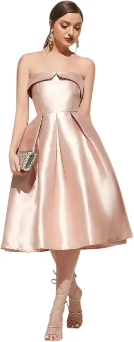 Strapless Satin A-Line Cocktail Dress for Women  Elegant Prom, Wedding,Formal Evening Gown with Pleated Skirt