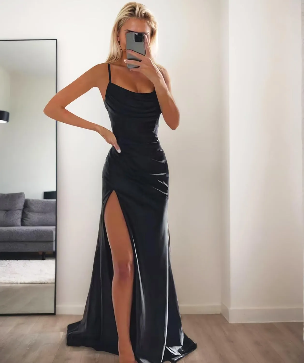 Strapless Satin Prom Dresses with Slit Long Mermaid Formal Bridesmaid Dresses for Women