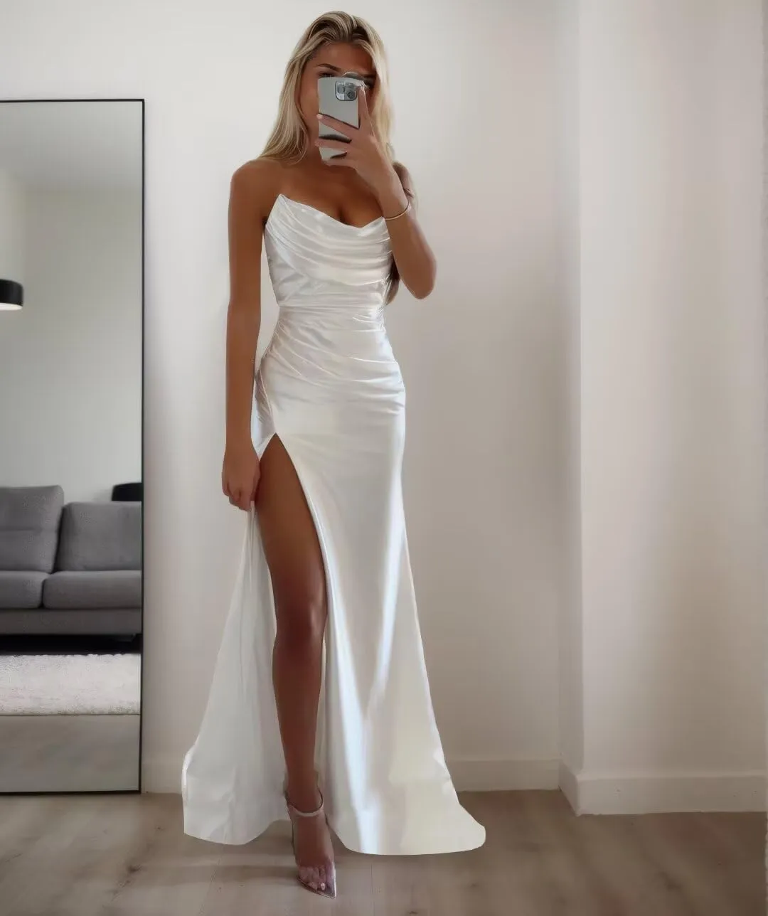 Strapless Satin Prom Dresses with Slit Long Mermaid Formal Bridesmaid Dresses for Women