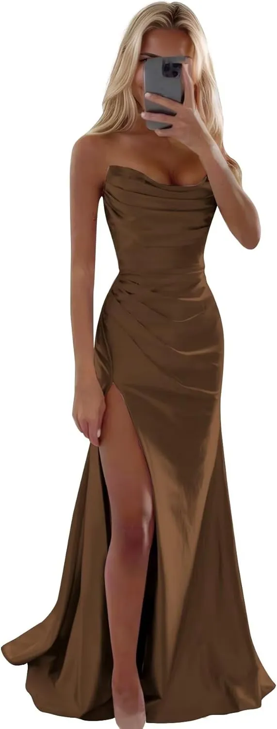Strapless Satin Prom Dresses with Slit Long Mermaid Formal Bridesmaid Dresses for Women