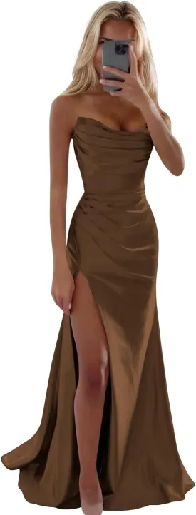 Strapless Satin Prom Dresses with Slit Long Mermaid Formal Bridesmaid Dresses for Women