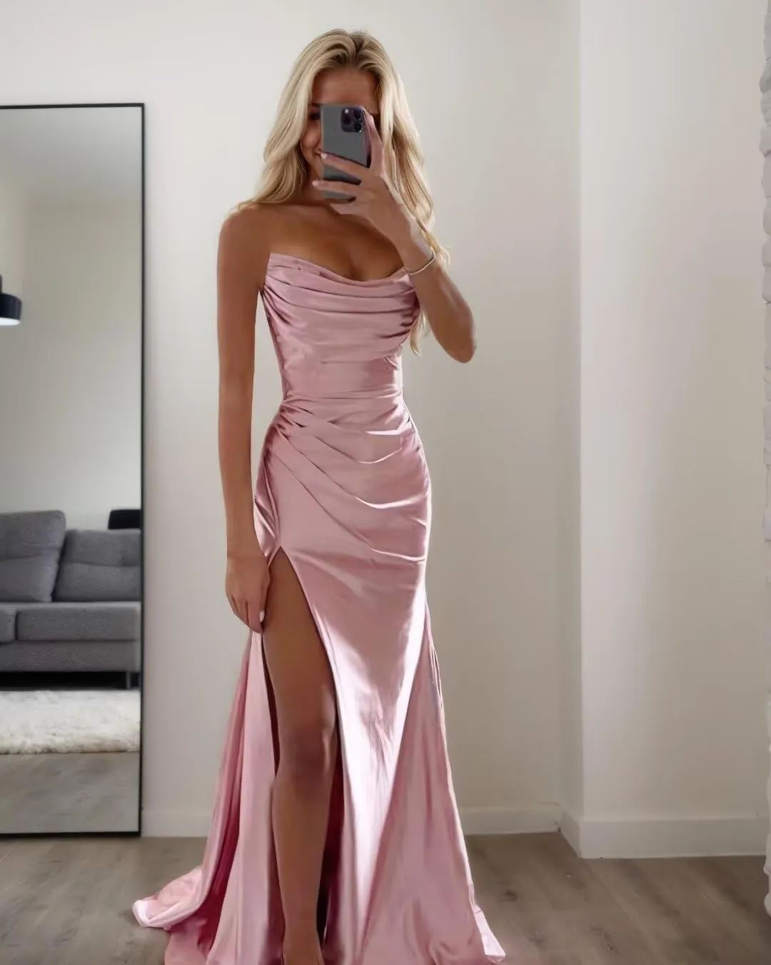 Strapless Satin Prom Dresses with Slit Long Mermaid Formal Bridesmaid Dresses for Women