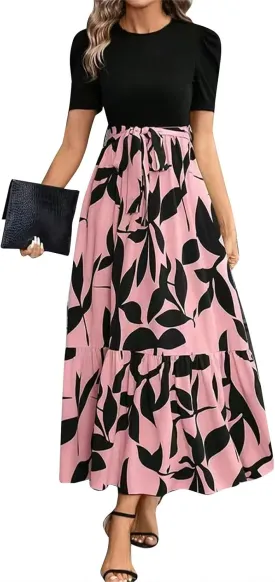 Summer Dresses for Women 2025 Floral Print Wrap Short Sleeve Maxi Dress Patchwork Ruffle Hem A Line Dress