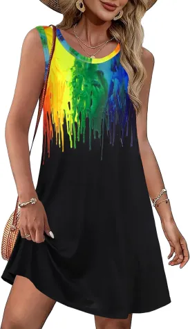 Summer Dresses for Women Beach Boho Sleeveless Vintage Floral Flowy Pocket Tshirt Tank Sundresses