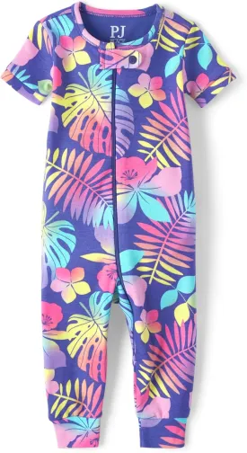 The Children's Place Baby Girls' and Toddler Snug Fit 100% Cotton Short Sleeve Zip-Front One Piece Footless Pajama