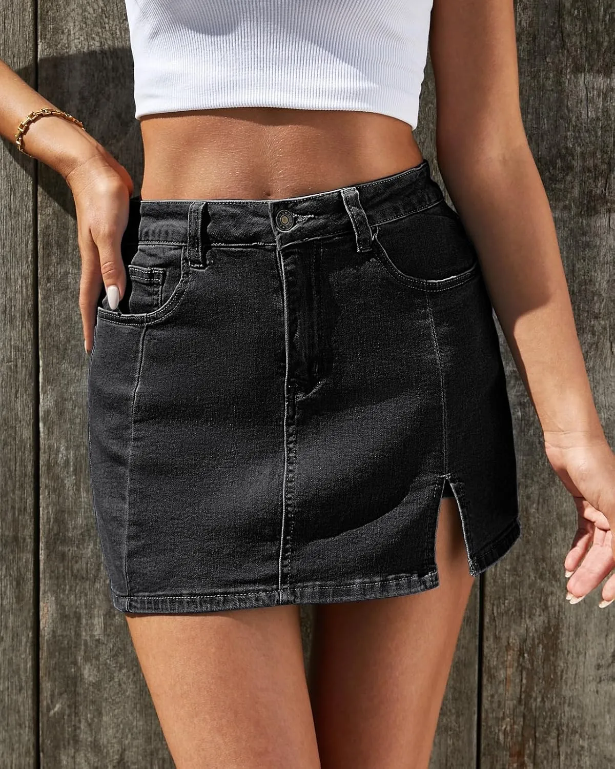 Vetinee Jean Skorts for Woman High Waisted Trendy Slit Stretchy Denim Skirt with Shorts Y2K Casual Summer Skorts Skirts