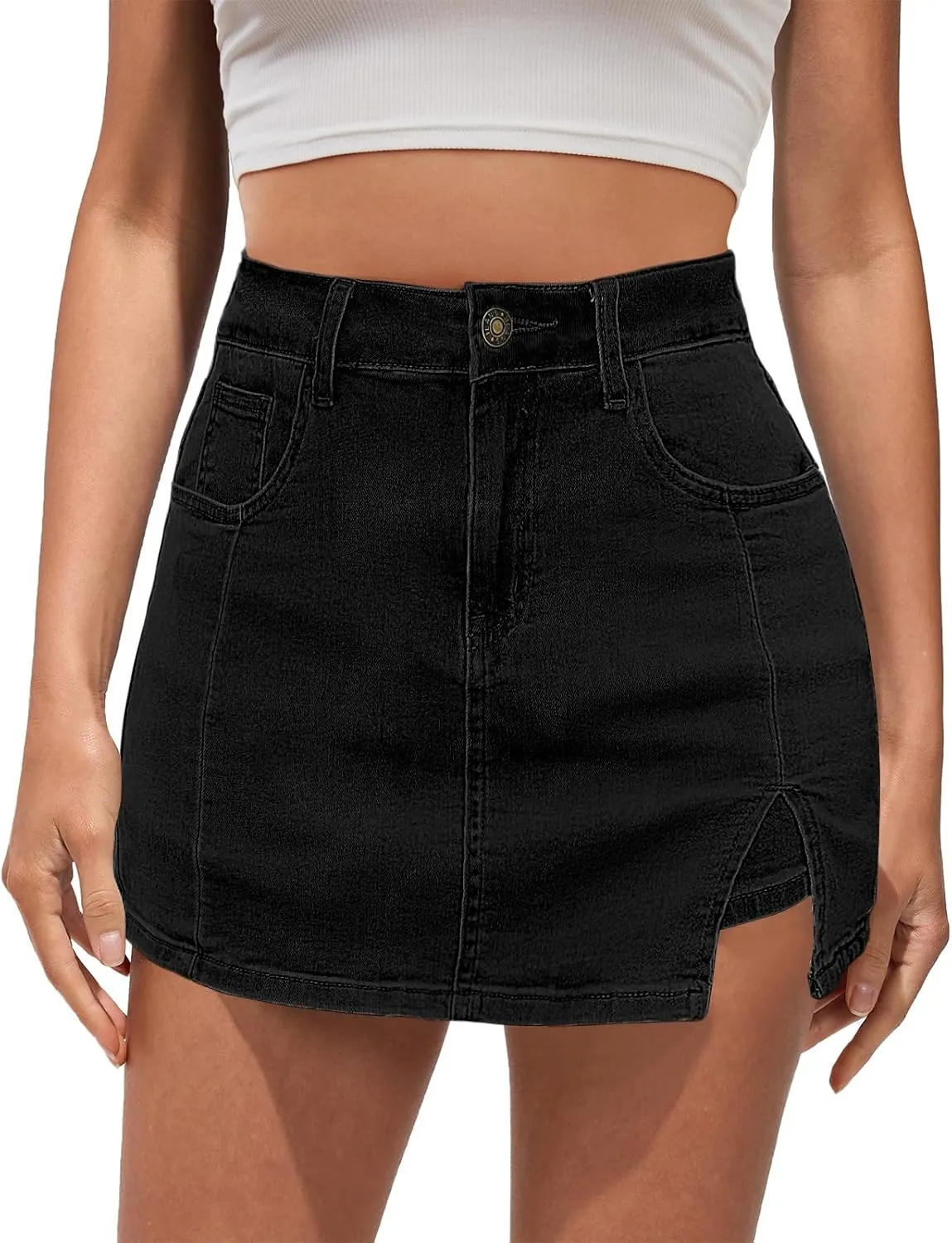 Vetinee Jean Skorts for Woman High Waisted Trendy Slit Stretchy Denim Skirt with Shorts Y2K Casual Summer Skorts Skirts