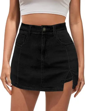 Vetinee Jean Skorts for Woman High Waisted Trendy Slit Stretchy Denim Skirt with Shorts Y2K Casual Summer Skorts Skirts