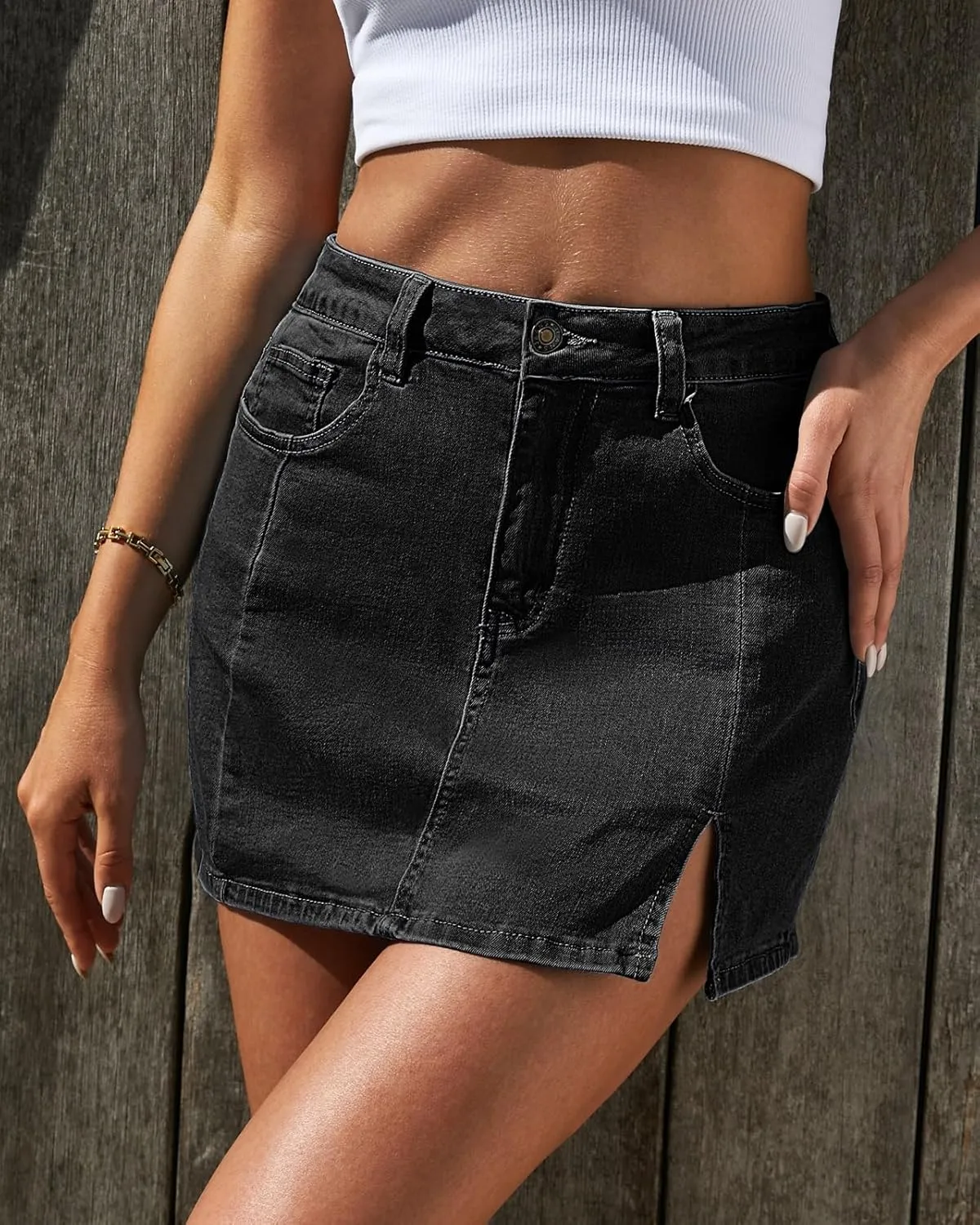 Vetinee Jean Skorts for Woman High Waisted Trendy Slit Stretchy Denim Skirt with Shorts Y2K Casual Summer Skorts Skirts