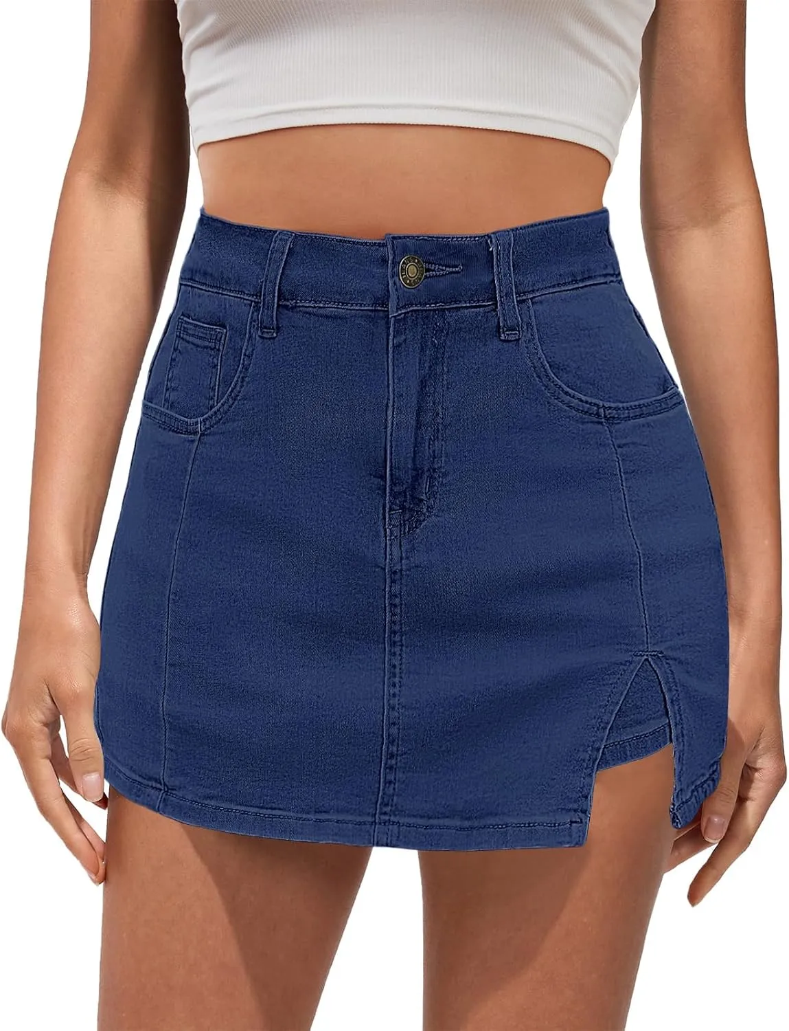 Vetinee Jean Skorts for Woman High Waisted Trendy Slit Stretchy Denim Skirt with Shorts Y2K Casual Summer Skorts Skirts