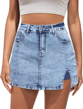 Vetinee Jean Skorts for Woman High Waisted Trendy Slit Stretchy Denim Skirt with Shorts Y2K Casual Summer Skorts Skirts