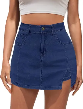 Vetinee Jean Skorts for Woman High Waisted Trendy Slit Stretchy Denim Skirt with Shorts Y2K Casual Summer Skorts Skirts