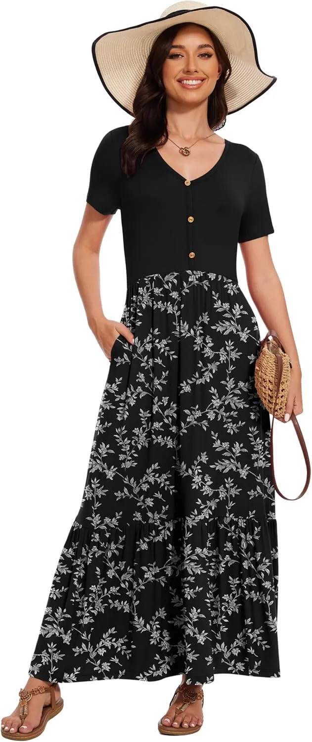 VIISHOW Women's Short Sleeve Maxi Dress 2025 Summer V Neck Knit Loose Plain Empire Waist Casual Dresses with Pockets