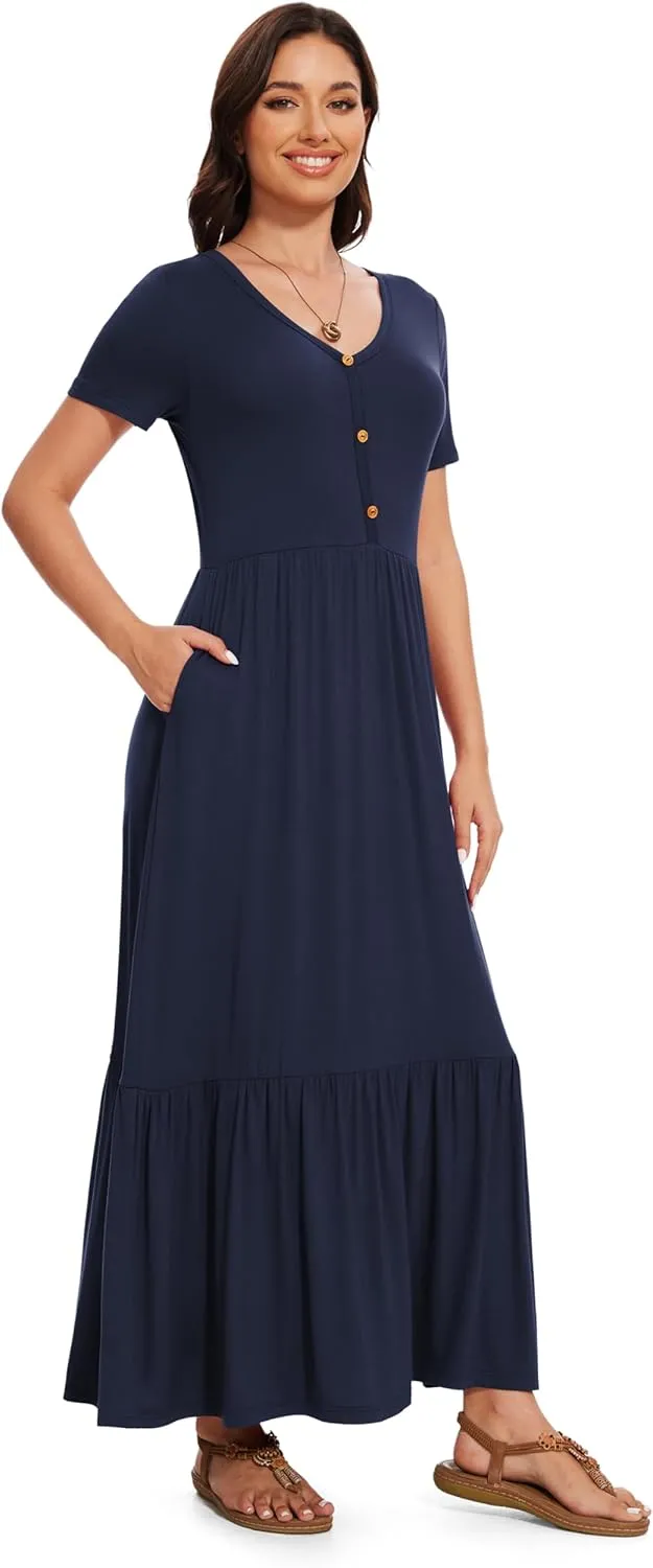 VIISHOW Women's Short Sleeve Maxi Dress 2025 Summer V Neck Knit Loose Plain Empire Waist Casual Dresses with Pockets