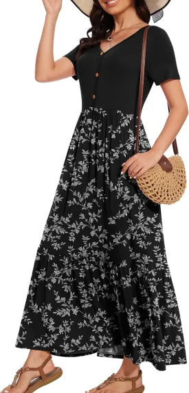 VIISHOW Women's Short Sleeve Maxi Dress 2025 Summer V Neck Knit Loose Plain Empire Waist Casual Dresses with Pockets
