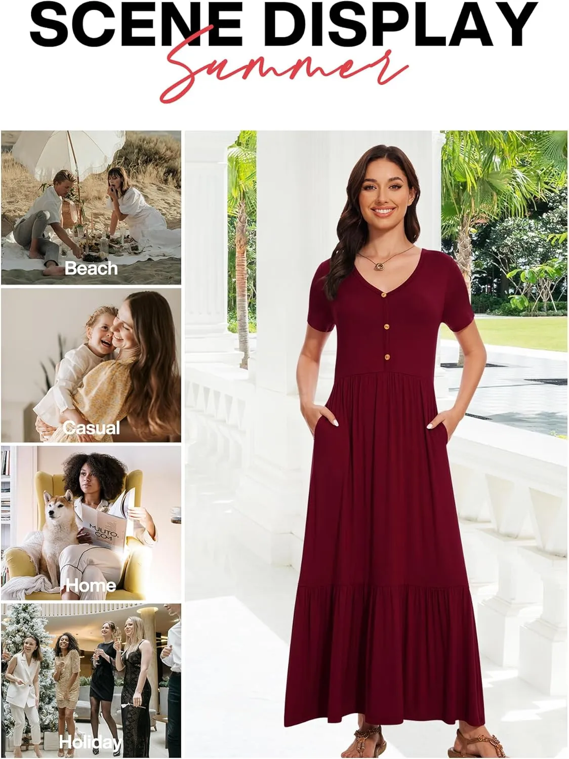 VIISHOW Women's Short Sleeve Maxi Dress 2025 Summer V Neck Knit Loose Plain Empire Waist Casual Dresses with Pockets
