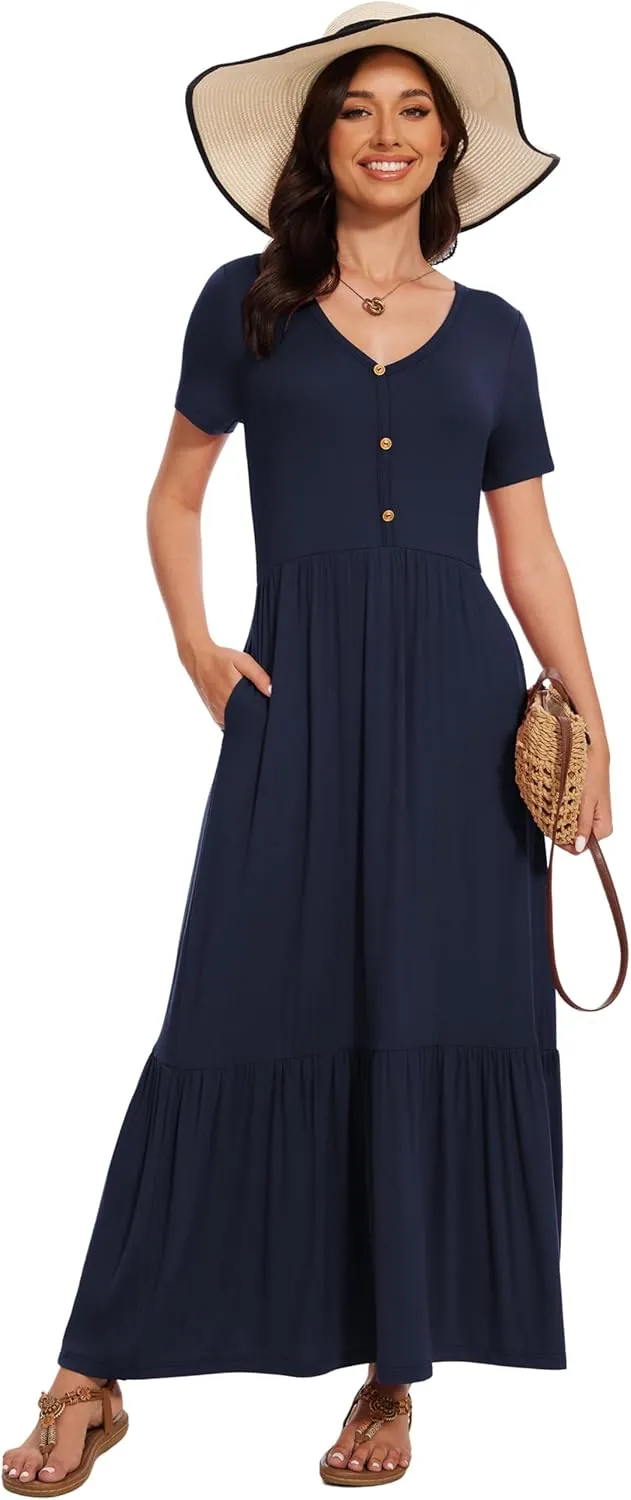 VIISHOW Women's Short Sleeve Maxi Dress 2025 Summer V Neck Knit Loose Plain Empire Waist Casual Dresses with Pockets