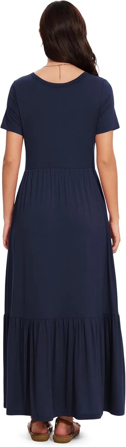 VIISHOW Women's Short Sleeve Maxi Dress 2025 Summer V Neck Knit Loose Plain Empire Waist Casual Dresses with Pockets