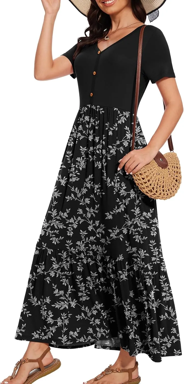VIISHOW Women's Short Sleeve Maxi Dress 2025 Summer V Neck Knit Loose Plain Empire Waist Casual Dresses with Pockets