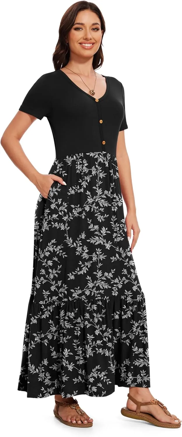 VIISHOW Women's Short Sleeve Maxi Dress 2025 Summer V Neck Knit Loose Plain Empire Waist Casual Dresses with Pockets