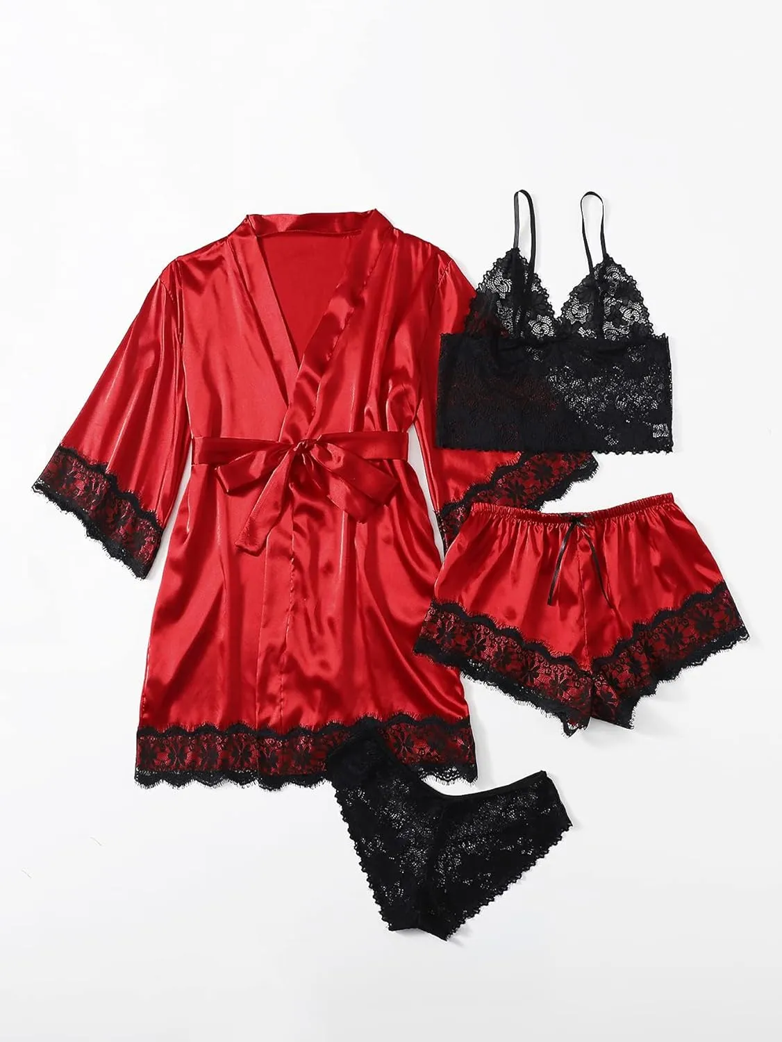 WDIRARA Women' Silk Satin Pajamas Set 4pcs Lingerie Floral Lace Cami Sleepwear with Robe
